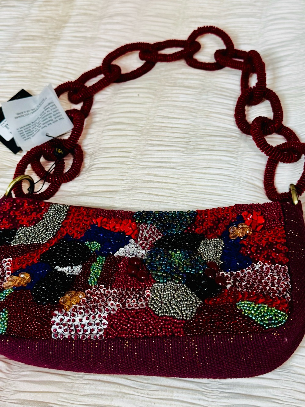 America and Beyond Beaded Floral Evening Shoulder Bag in Deep Red